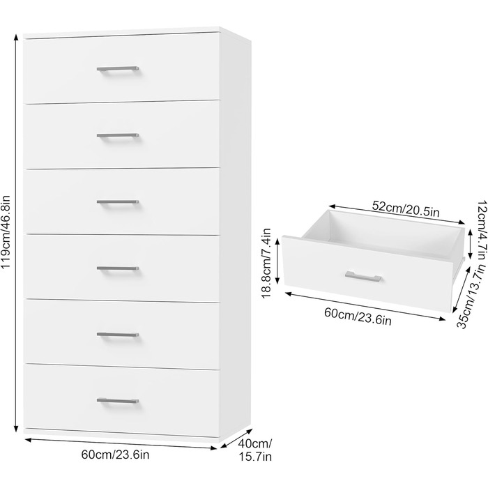 Білий комод з 6 шухлядами для спальні та вітальні, 60x40x119 см