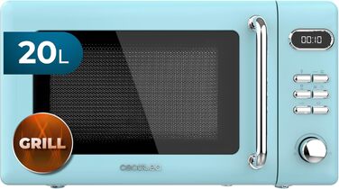 Мікрохвильова піч Cecotec Proclean 5110 Retro Blue з грилем, 20 л, 700 Вт, 5 режимів, 8 програм, таймер 60 хв, функція розморожування, сигнал завершення, ретро-дизайн, блакитна, з блокуванням від дітей