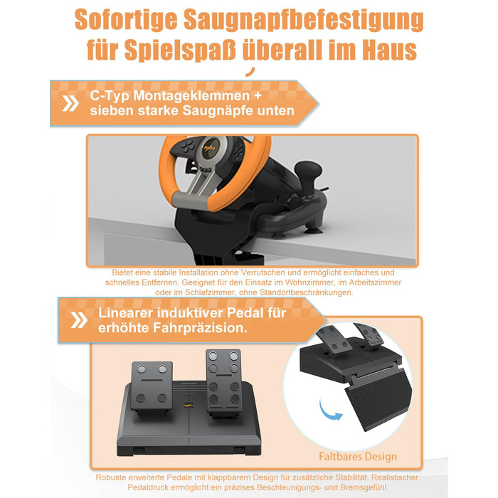 Ігровий кермо PXN V3 Pro з педалями, 180° поворот, вібрація, перемикачі на кермі та педалях - для PC, PS4, PS3, Xbox, Nintendo Switch (Помаранчевий)