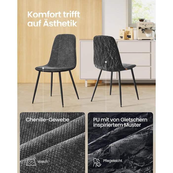 Набір з 2-х обідніх стільців VASAGLE, сірий, з м'яким сидінням, металеві ніжки, регульовані, з тканини Chenille, PU з малюнком, легкий у догляді