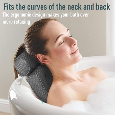 Подушка для ванни з піни Memory Foam, антиковзка, для шиї та спини, 4D вентиляція, 6 присосок, сіра