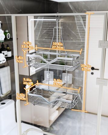 Полиця для душу підвісна, 2-х ярусна з гачком і тримачем для мила, срібло 27*53см