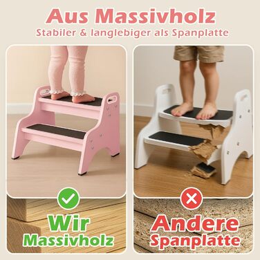 Дерев'яний дитячий стільчик Tritthocker з 2 сходинками, неслизький, для ванної та кухні, скандинавський дизайн, колір: натуральний (рожевий)