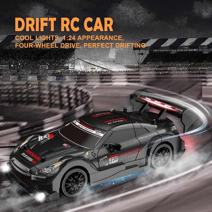 RC Машинка на радіокеруванні Drift Car 1:24, 4WD, 20 км/год, 2.4 GHz, LED, 2 акумулятори, чорна - для дітей