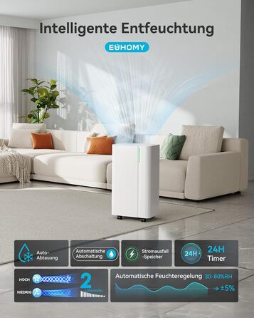 EUHOMY Електричний осушувач повітря для підвалу з відведенням води, тихий та економічний, з автоматичним відтаванням, таймером, для квартири до 50 м² (12 л)