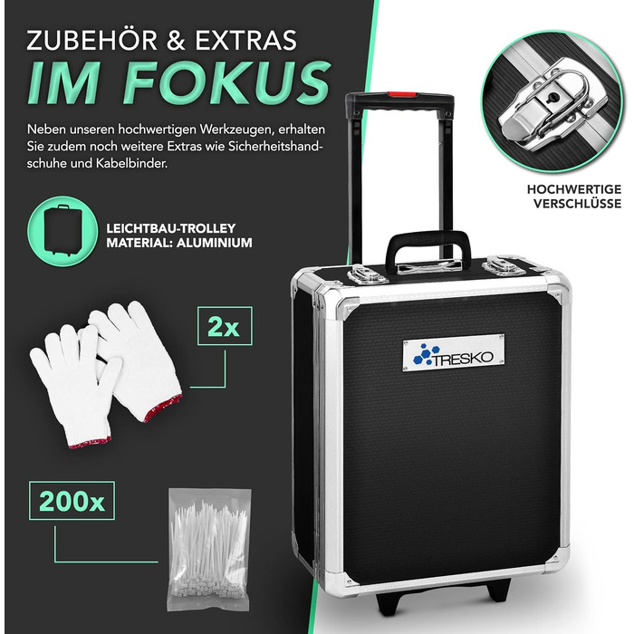 Набір інструментів TRESKO 1400 предметів у валізі: професійний кейс, візок для інструментів з Cr-V сталі (антрацит)
