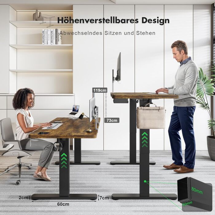 Електричний стіл Flamaker з регулюванням висоти 120x60 см, суцільна стільниця 25 мм, безщітковий мотор, стабільний ергономічний стіл, органайзер для кабелів, вінтажний коричневий