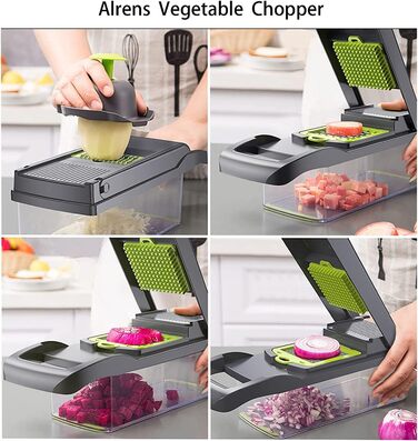 Багатофункціональний набір для нарізки овочів 22-в-1: спіралізатор, тертка, нарізач цибулі, картоплі та фруктів. З контейнером 1.2л та дренажним кошиком (сірий)