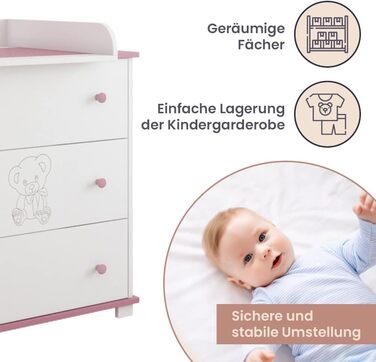 Комод з пеленальним столиком Kiki Design | 80x46 см | 3 висувні ящики | Для дитячої кімнати | Гравірований ведмедик | Рожевий