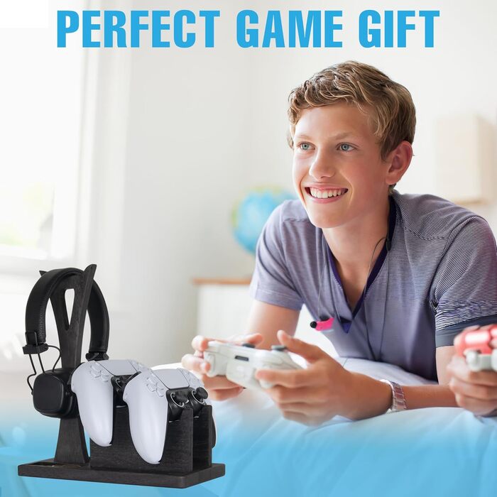 Організатор для геймерських контролерів з підставкою для навушників – дерев'яний аксесуар для ігор, чорний колір