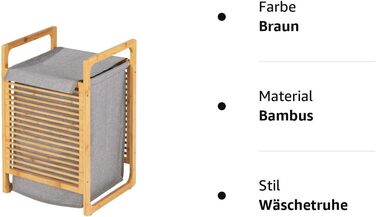 Комод для білизни WENKO Bahari, високоякісний кошик для білизни з бамбука в поєднанні з сірим, знімний мішок для білизни, який можна прати, закритий збірник для білизни, об'єм 43 літри, 40 x 60 x 35 см