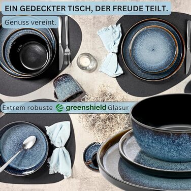 Набір посуду SÄNGER Osaka (18 предметів) | Керамічний набір посуду на 6 осіб: тарілки, миски, десертні тарілки, блакитний колір з чорним бордюром, стійкий до подряпин | VALUE COLLECTION