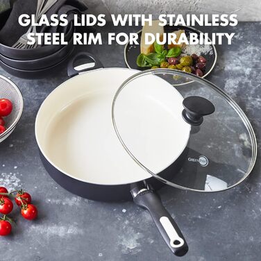 GreenPan Rio: антипригарна сковорода з керамічним покриттям 30 см, 4.8 л з кришкою, без PFAS, охолоджувальна ручка, до 160°C в духовці, для миття в посудомийній машині, чорно-кремовий колір, не для індукції