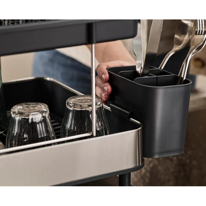 Сушарка для посуду Joseph Joseph Extend з нержавіючої сталі, висувна, компактна, з підставкою для столових приборів та поворотним зливом (2 яруси, сіра)
