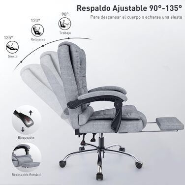 Офісний крісло Rattantree з підніжкою, ергономічний, для комп'ютера, з підлокітниками, регульований, для керівника, сірий, тканина