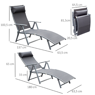 Шезлонг Outsunny Garden Lounger складний регульований з подушкою, шезлонг сірий, метал і тканина 137 x 63.5 x 100.5 см для саду та тераси