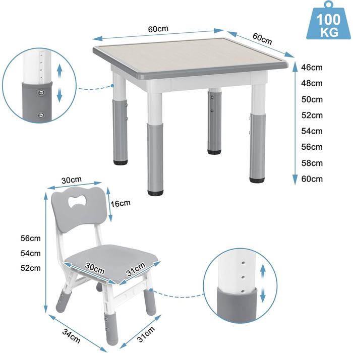 Дитячий стіл зі стільцями, 3 шт. - регульована висота, пластик, 80x60 см. Дитячі меблі для ігор та навчання