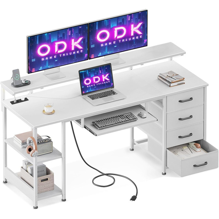Письмовий стіл ODK з 4 шухлядами, комп'ютерний стіл з 2 розетками та 2 USB портами, стіл для ПК з полицею, ігровий стіл з висувною полицею для клавіатури, для офісу та вітальні, білий, 160x52 см