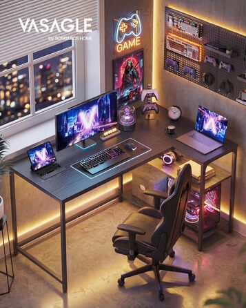 Кутовий стіл VASAGLE L-подібний з полицею, комп'ютерний стіл з місцем для зберігання, офісний стіл для дому, 120 x 80 см, Чорний горіх