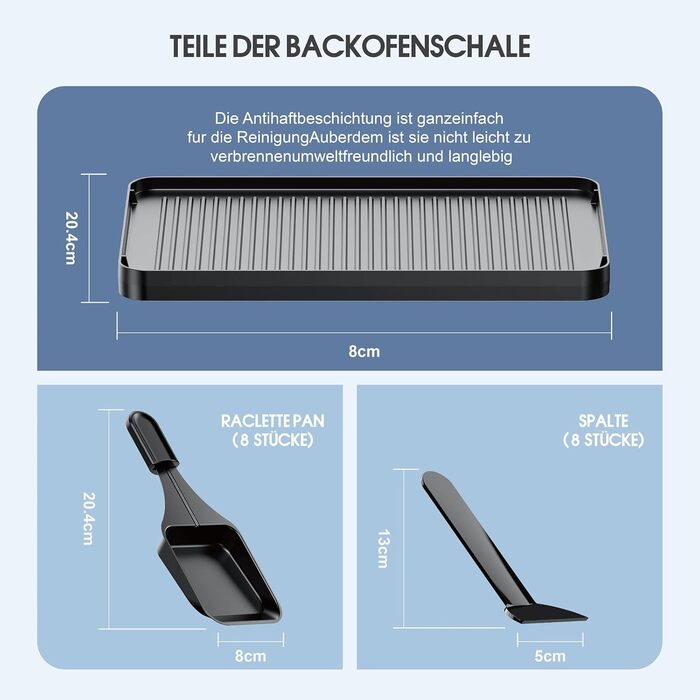 Електричний гриль для раклет Muchen на 8 осіб з антипригарним покриттям, 1200W, 8 сковородок та 8 скребків