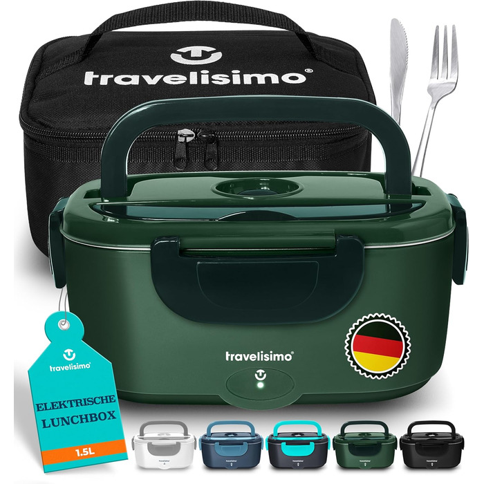 Електрична ланчбокс TRAVELISIMO 80W 1,5L 3-в-1: для авто, роботи, вантажівки. Підігрівання їжі 12V/24V/220V, мікрохвильова альтернатива (темно-зелений)