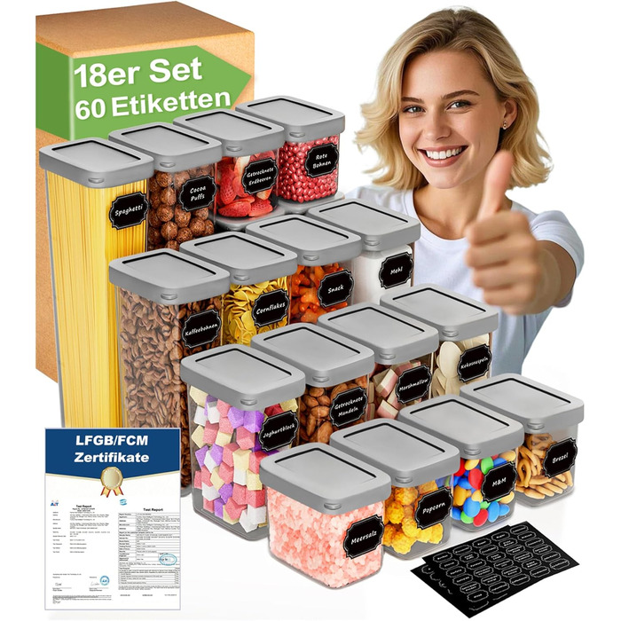 Набір контейнерів для зберігання продуктів 18 шт. з кришкою, герметичні, для кухні, антрацит (до 2,5л)