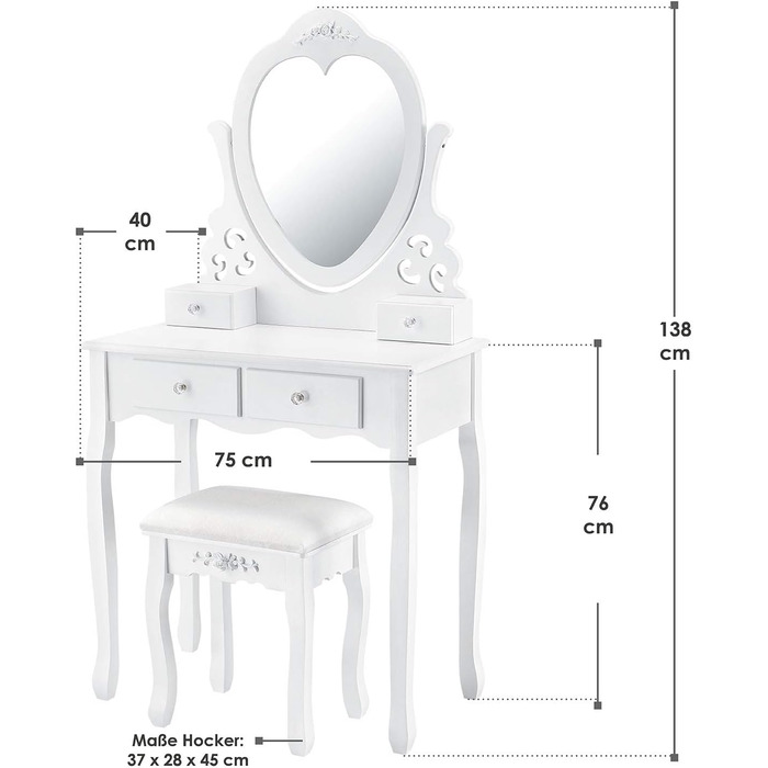 Туалетний столик Juskys Julia, дзеркало, табурет, 4 ящики, 74x40x138 см, Кантрі Стайл, МДФ, Білий