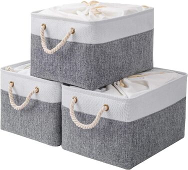 Коробка для зберігання Yawinhe з 3 комплектів з кришкою, 42 x 32 x 26 см, тканинні складні коробки з кришкою на шнурку і 2 ручками, тканинна коробка, кубики, SNK003WGL (37x26x20 см/3 упаковки, білий / сірий)
