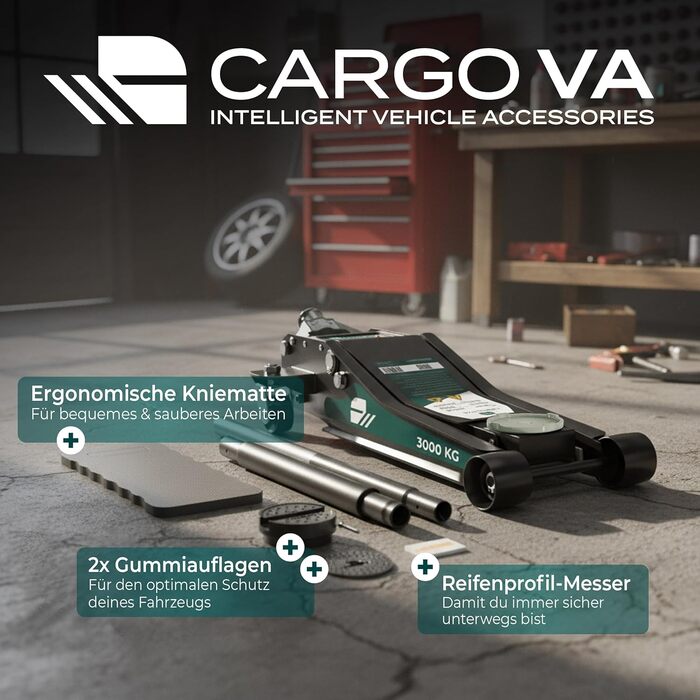 Гідравлічний домкрат CargoVA 3T з низьким профілем (75-505мм) + килимок + 2 гумові накладки | Для SUV та занижених авто | Професійний набір для заміни коліс