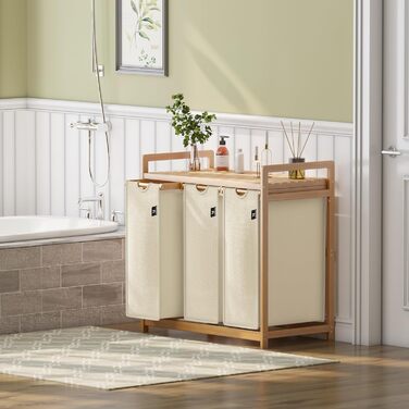Кошик для білизни AdelDream 150L з 3 відділеннями, висувні полиці та знімний мішок для білизни, бамбуковий каркас, бежевий