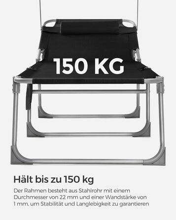 Лежак для відпочинку SONGMICS, розкладний, 193 x 53 x 29 см, до 150 кг, захист від сонця, подушка, регульована спинка, для саду, басейну, тераси (Чорний)