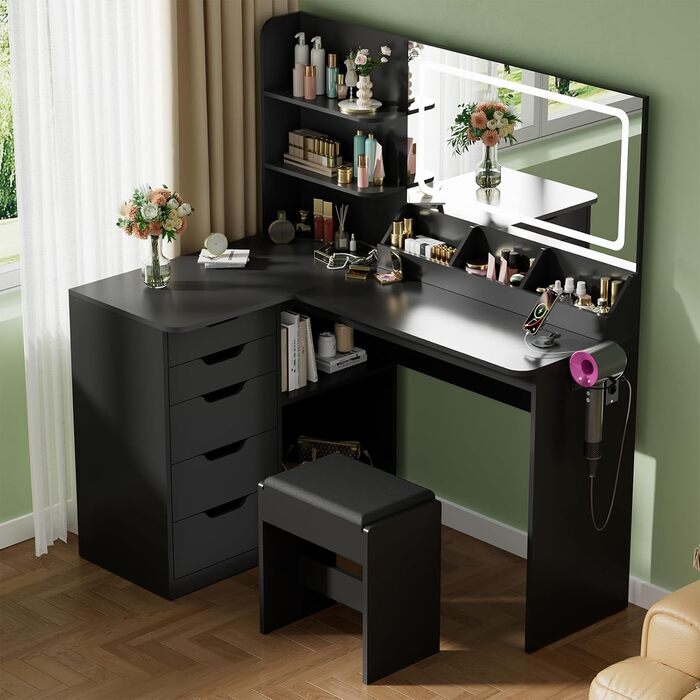 Дзеркальний столик для макіяжу Devoko з LED-підсвічуванням та пуфом, кутовий туалетний столик з розеткою, 5 ящиків, відкриті полиці, тримач для фену, для спальні (Білий) (Чорний)