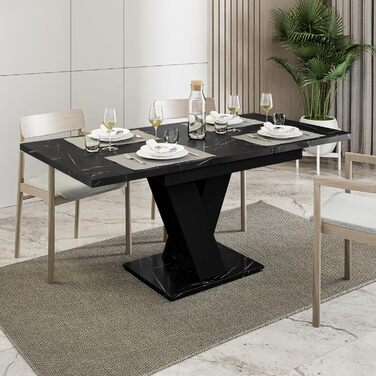 Розсувний кухонний стіл PROROOM FURNITURE Malvi - чорний, 120-160 см, для 4-6 осіб | Збірка легко | Royal Marmor | Для їдальні та кухні