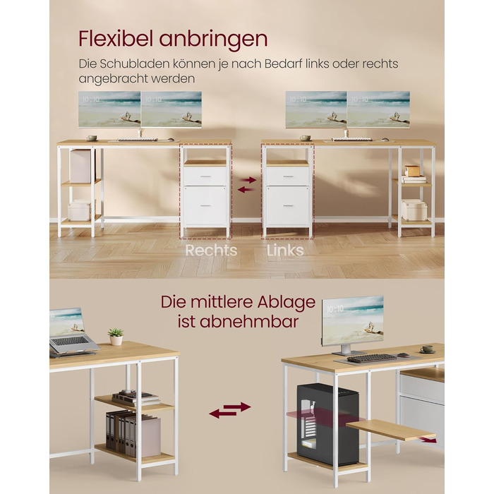 Комп'ютерний стіл VASAGLE з 3 полицями та 2 ящиками, 140 x 60 x 76 см, для офісу та вітальні, сучасний стиль, колір: natureichenfarben + perlweiß