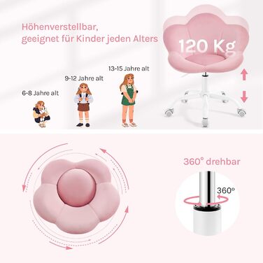 Дитячий ергономічний стілець WOLTU для столу, туалетного столика, офісу, регульована висота, оксамит, рожевий