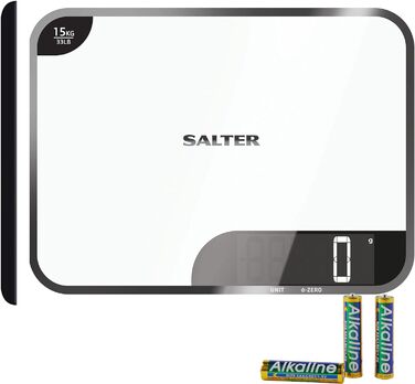 Цифрові кухонні ваги Salter 1079 WHDR - світлодіодний дисплей, що легко читається, подвійна функція, дуже велика глянцева платформа для різання та зважування, функція тари, місткість 15 кг, вимірювання рідин, білий максимум 15 кг
