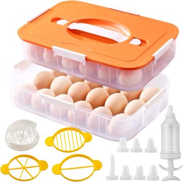 Контейнер для яєць з кришкою, 2-ярусний, 36 відділень, зелений, з ручкою та інжектором, для холодильника, складаний, портативний, прозорий, для вечірок, пікніків, подорожей