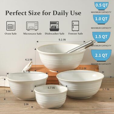 Набір керамічних мисок для перемішування Hasense (2.1/1.0/0.5 Qt), ручної роботи, для салату, приготування їжі, зберігання, випічки, мікрохвильовки та миття в посудомийній машині, з додаванням глини, білий