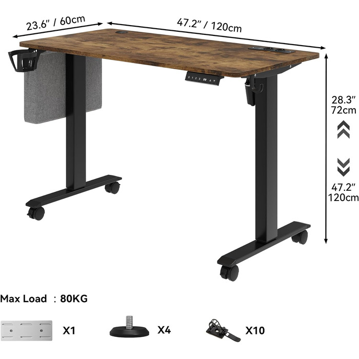 Електричний стіл з регулюванням висоти, 2 шт. USB, розетки, 120x60x(72-120) см, зрощувальна дошка, ручне управління з пам'яттю, сидячий/стоячий стіл, коліщатка на 360, вінтажний коричневий