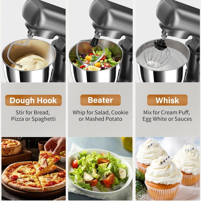 Кухонна машина-міксер з двома чашами 2.5L+3L, 10 швидкостей, 1500W, з гаком для тіста та насадкою для збивання, для випічки та щоденного приготування їжі (сріблясто-сірий)