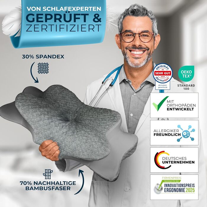 Ортопедична подушка Glückstoff® для всіх типів сну | Подушка для шиї з Memory Foam | Ергономічна подушка для сну на боці (Сірий, запасний чохол [Версія: Ergo])