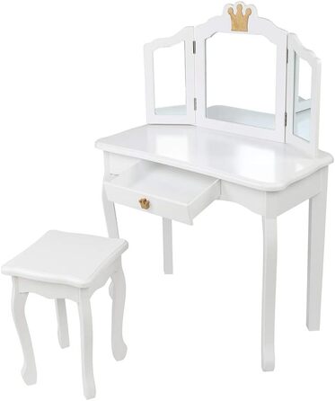 Дитячий туалетний столик LEADZM з пуфом для дівчаток, з двома 180° дзеркалами та ящиком, для дітей 3-9 років (білий & рожевий)
