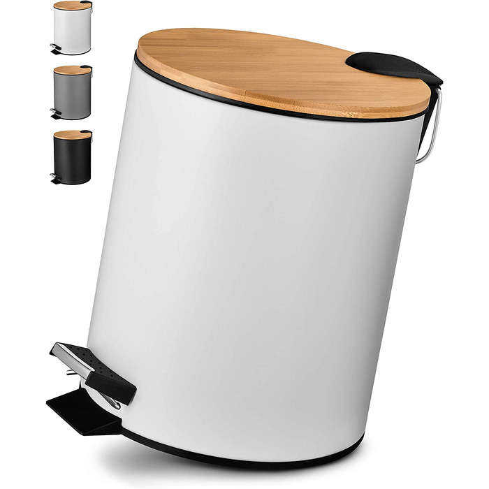 Косметичне відро VMbathrooms 3L з вишуканим чорним дизайном / відро для педалей з автоматичним опусканням (м'яке закриття) елегантне відро для ванної кімнати з внутрішньою ємністю і кришкою з бамбукового дерева (біле 5 л)