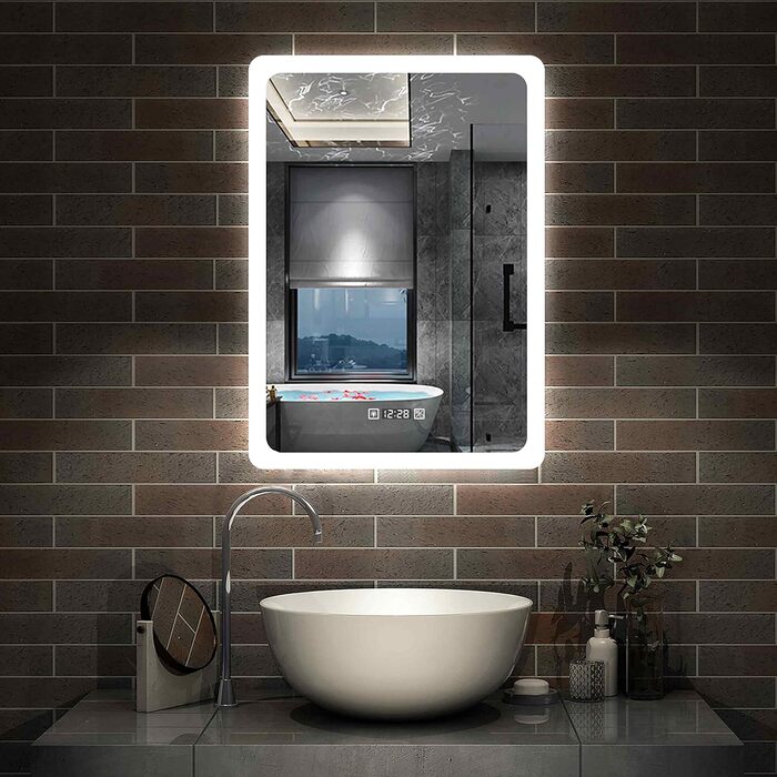 Дзеркало для ванної кімнати Aica з LED-підсвічуванням 50x70 см, годинник, сенсорне управління, запобігання запотіванню, IP44, холодне біле світло, енергозбереження