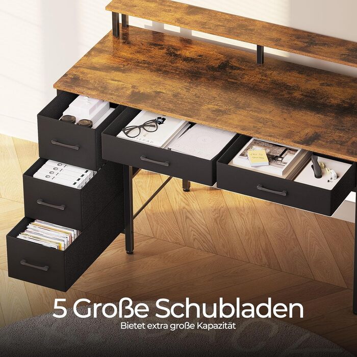 Комп'ютерний стіл Seventable з розетками та LED-підсвічуванням, 100 см, ігровий, 5 шухляд, з підставкою для монітора, для офісу, кабінету, спальні, вітальні (Вінтаж-коричневий, 140 см)