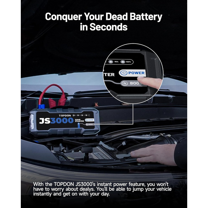 TOPDON JS3000 Powerbank-пускозарядний пристрій для авто, 24000mAh, 3000A, сумісний з бензиновими (9L) та дизельними (7L) двигунами, вбудований LED, EVA-сумка