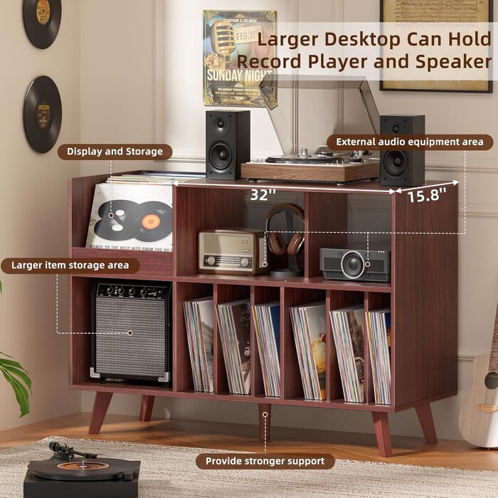 Стійка для платівок з полицею для зберігання, підставка для програвача, органайзер для вінілових платівок на 450 альбомів, полиця для музичної кімнати та вітальні (горіх)