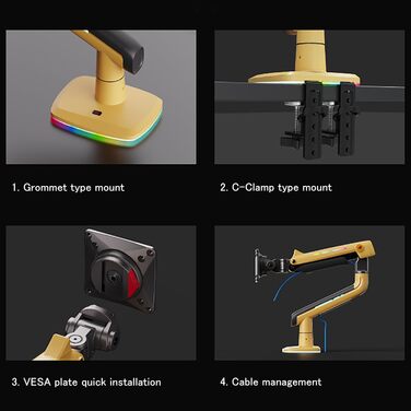 Кріплення для монітора NB Ergonomic для широких моніторів до 60 дюймів, RGB, підставка для монітора, навантаження до 20 кг, VESA 75 & 100 (жовтий)