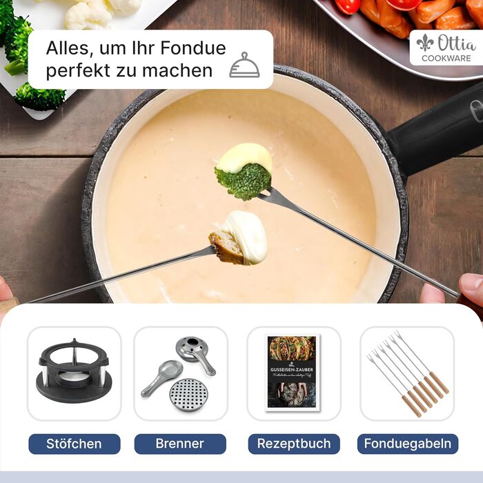 Набір для фондю Ottia з чавуну та емалі на 2-6 осіб: сирне, м'ясне, шоколадне фондю. Підходить для індукційних плит, безпечний, з пальником, виделкою та рецептами (Чорний)