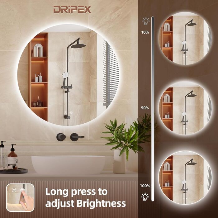 Дзеркало для ванної кімнати з LED підсвічуванням Dripex, сенсорне керування, регулювання яскравості, 3 кольори світла, антизапарник, 80x80 см (кругле)
